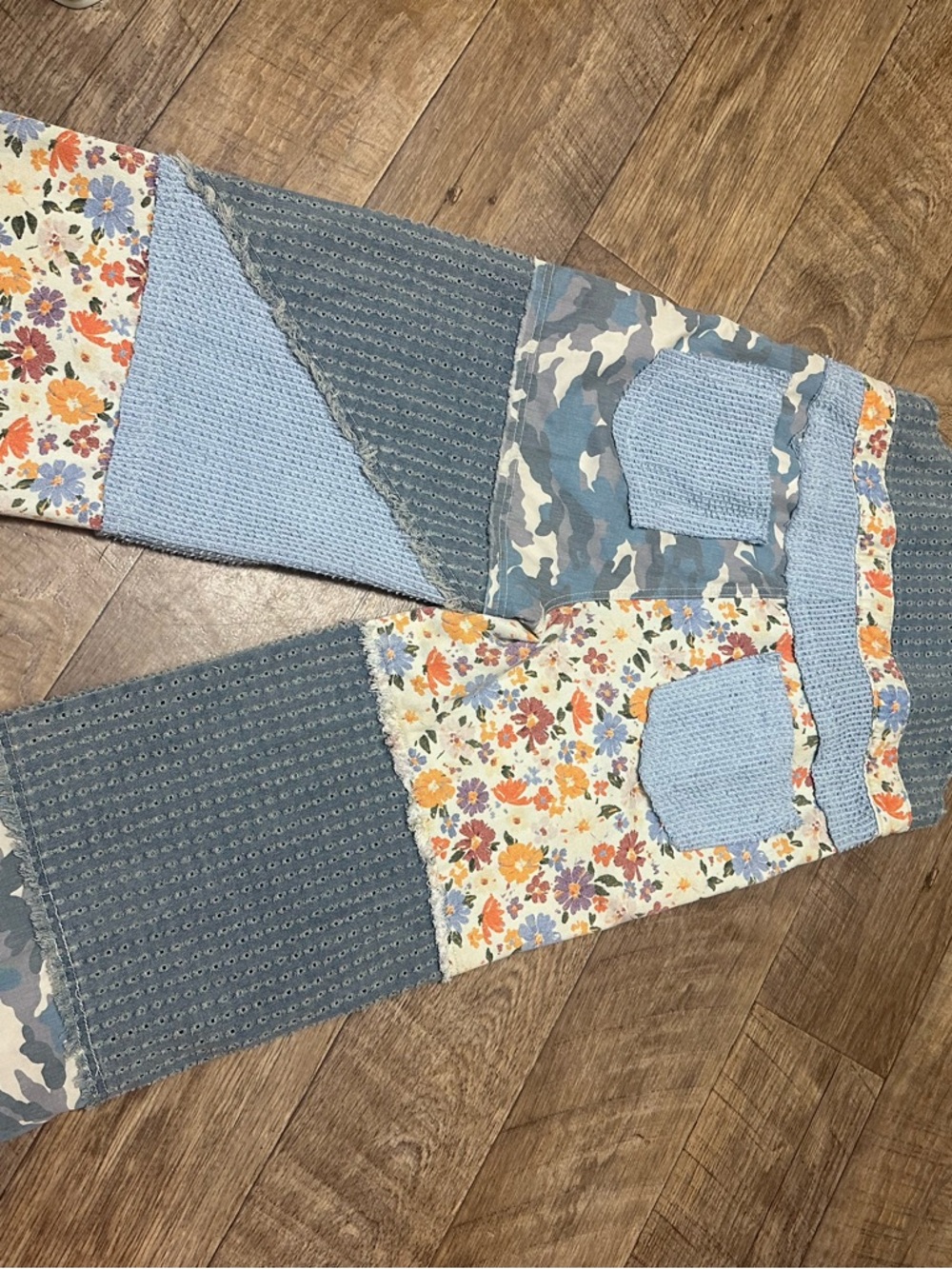 POL Floral Patchwork Denim-Trim Overalls in Blue, Orange & Purple - Picture 3 of 4